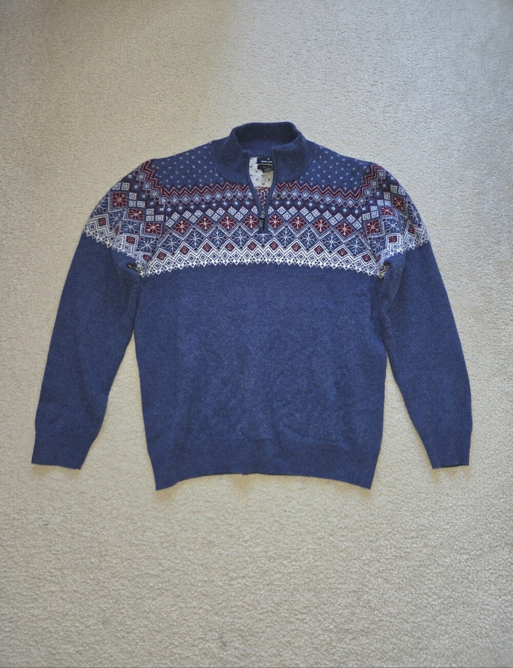 Daniel Hetcher Blue Nordic Half-Zip Sweater with Red & White Fair Isle Pattern